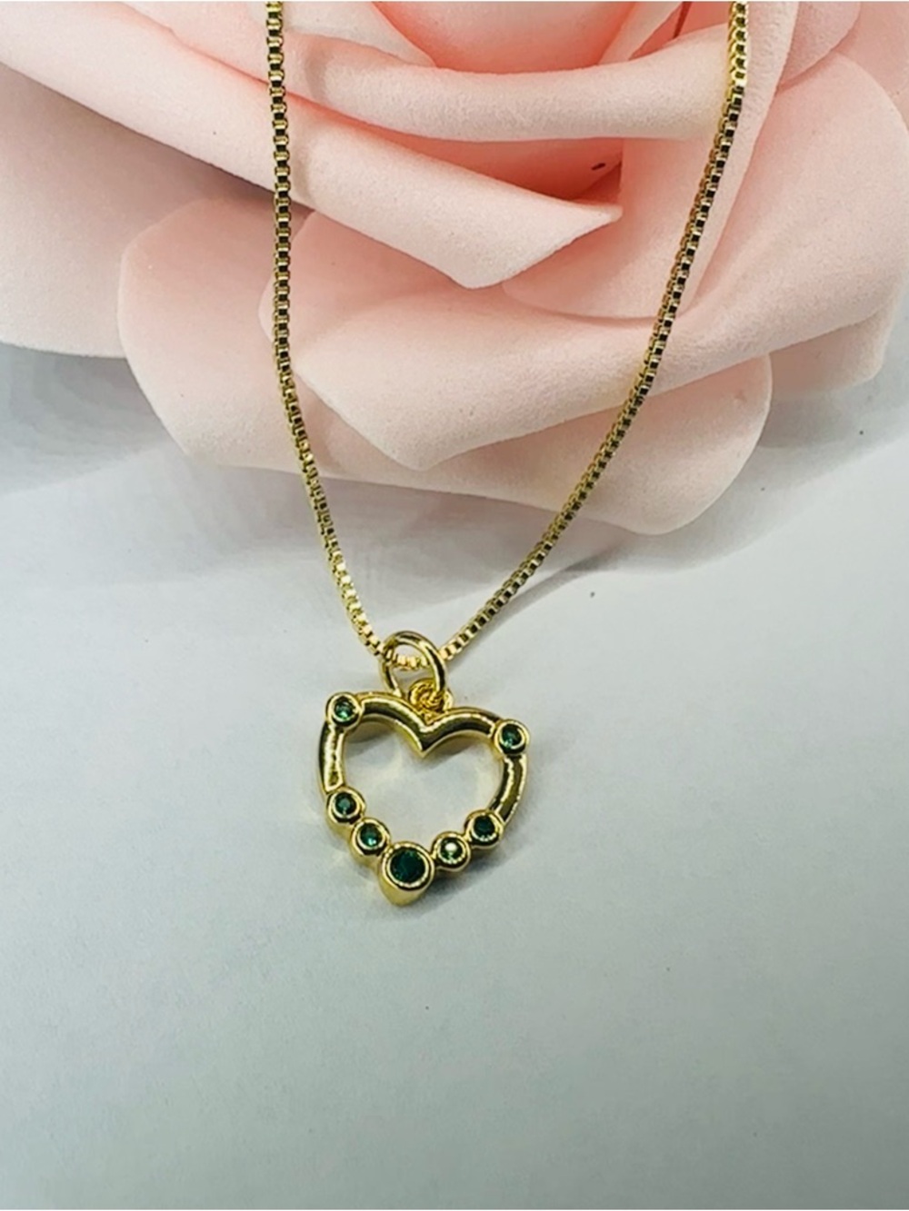 14K Gold plated Green CZ Heart Pendant Necklace | 16” Gold Plated Chain | New - Picture 4 of 12